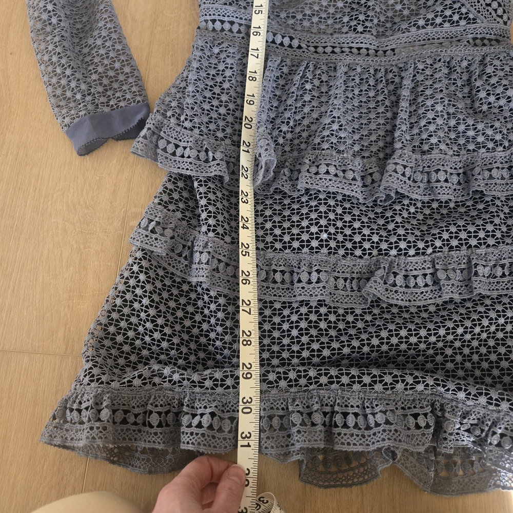 Self Portrait Slate Blue Long Sleeve Lace Mini Dress - Picture 9 of 9